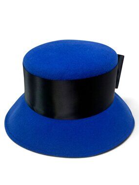 BOLLMAN Formal Hat Medium Royal Blue Wool Felt Satin Bow Vintage Cloche Derby